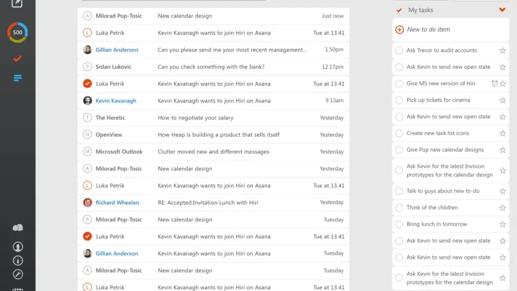 AI agent email permissions: Hiri inbox screenshot