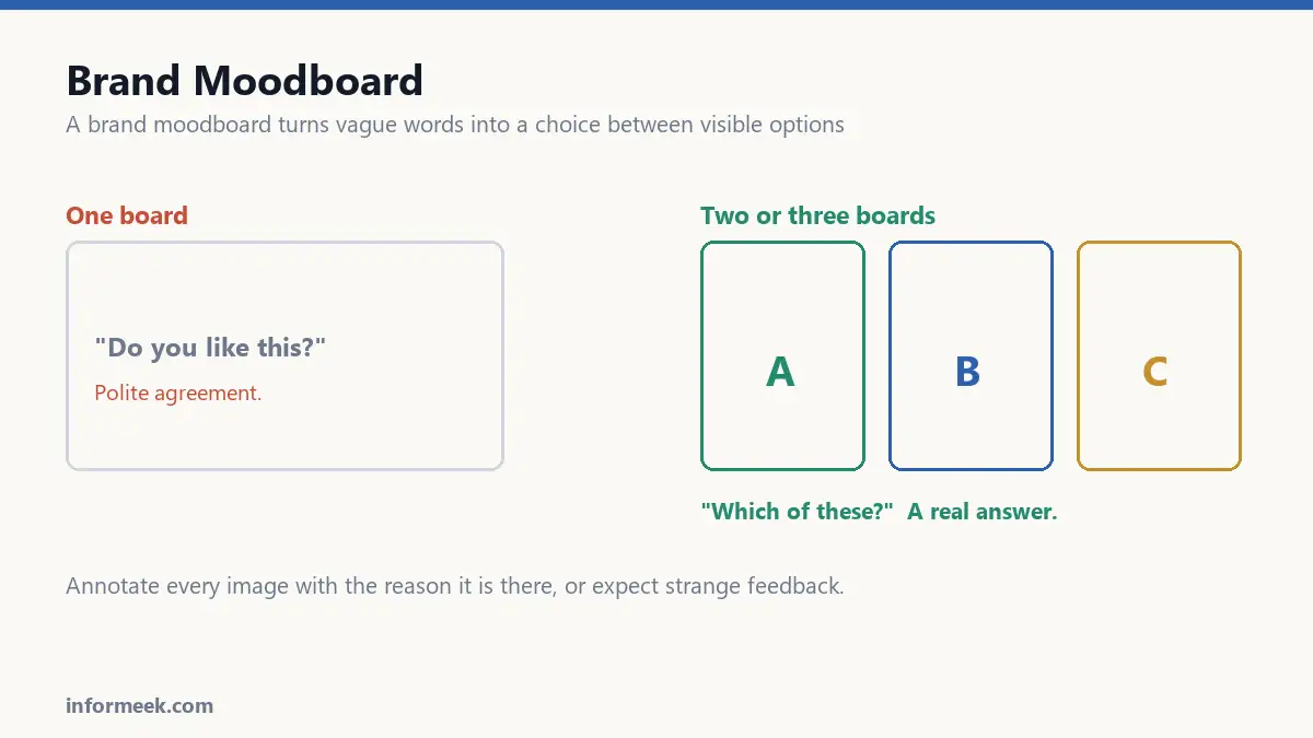 One brand moodboard against three, and the question each one asks