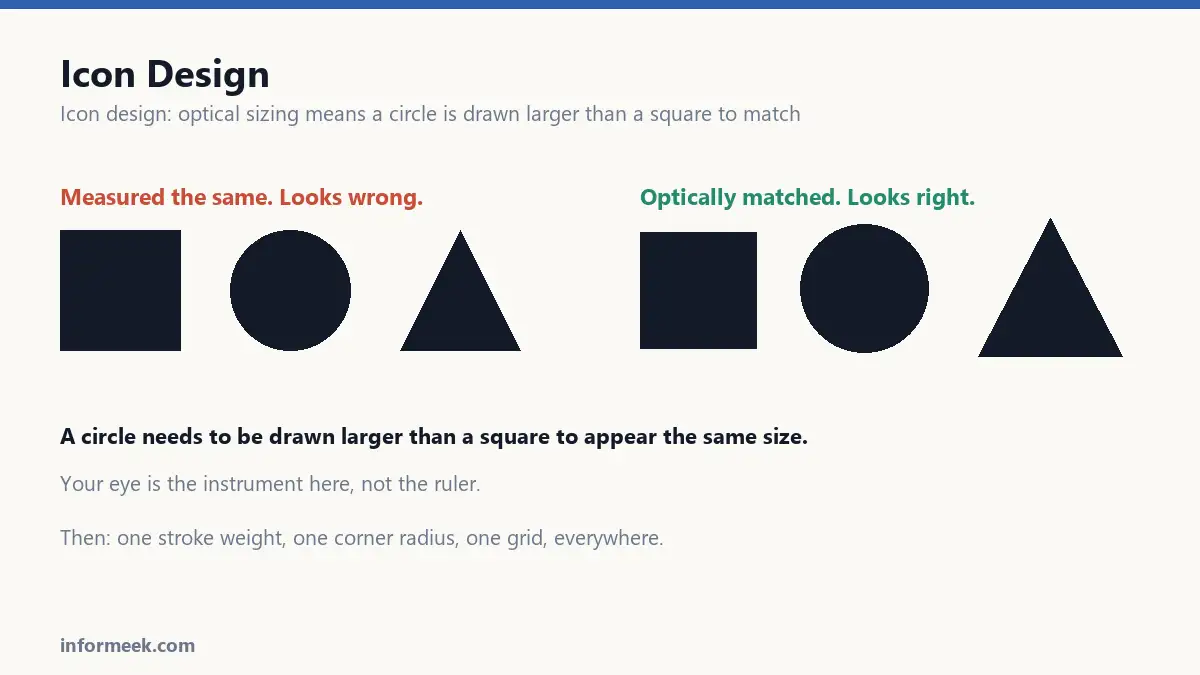 Icon design optical sizing, with a circle drawn larger than a square