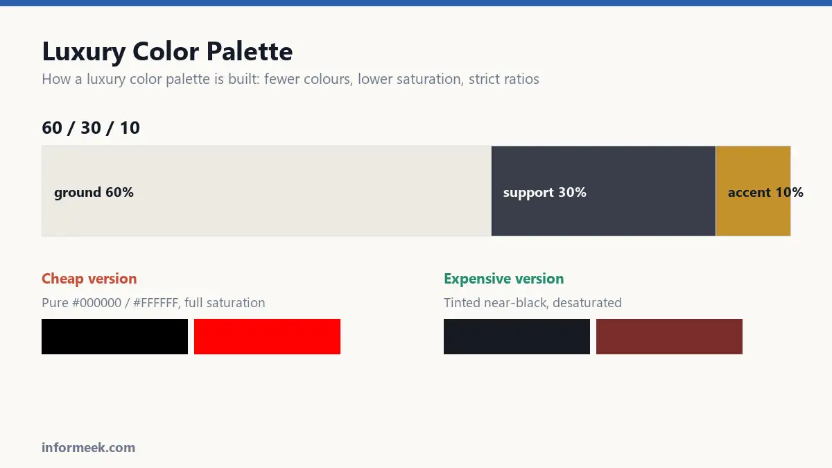 A luxury color palette built on the 60/30/10 ratio, compared with a cheap version